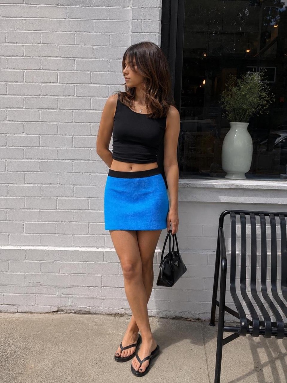 Blue Knit Mini Skirt with Black Waistband - Picture 1 of 8